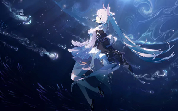 HD desktop wallpaper featuring Sangonomiya Kokomi from the video game Genshin Impact, showcasing a serene underwater scene with vibrant aquatic colors and elegant animation.