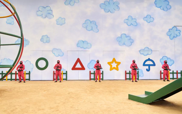 4K Ultra HD PC desktop wallpaper featuring a scene from the TV show Squid Game with guards in pink uniforms and iconic game symbols under a cloudy sky.