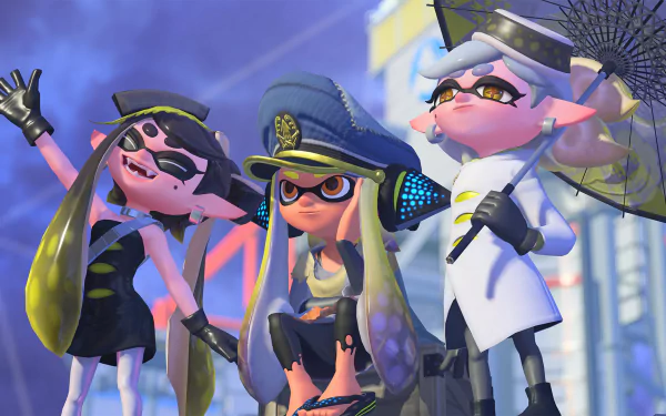 Splatoon 3 video game HD PC desktop wallpaper background: three stylish Inklings in fashionable outfits and umbrellas posing against a vibrant city sky.