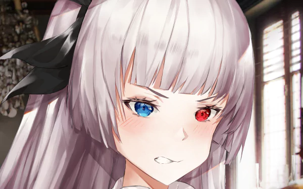 HD PC desktop wallpaper of Luminous Valentine-style anime character from That Time I Got Reincarnated as a Slime: silver hair with black bow, heterochromia—one blue eye, one red eye, slight smirk.