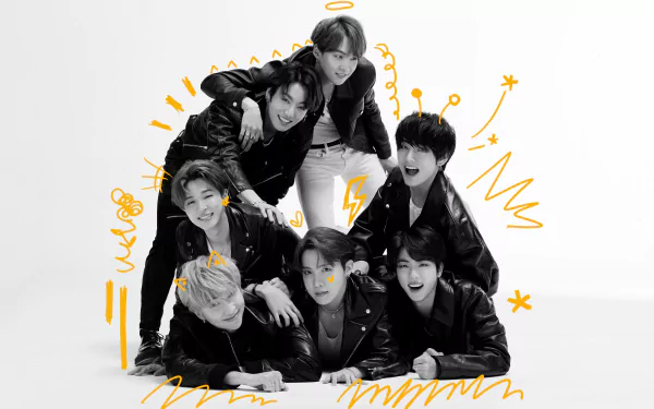 BTS members RM, Suga, Jin, J-Hope, Jimin, V, and Jungkook pose together in a black-and-white 4K Ultra HD K-pop desktop wallpaper with playful orange doodle accents.