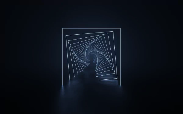 Artistic neon tunnel of rotating square frames receding into darkness, mirrored floor and soft glow, 4K Ultra HD PC desktop wallpaper and background.