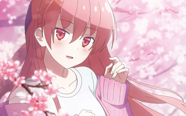 HD PC desktop wallpaper featuring Tsukasa Yuzaki from the anime TONIKAWA: Over the Moon For You, surrounded by pink cherry blossoms in a soft, vibrant style.