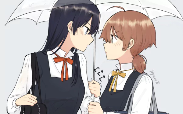 Anime-style HD desktop wallpaper featuring Touko Nanami and Yuu Koito from Bloom into You, standing close under umbrellas with intense expressions.