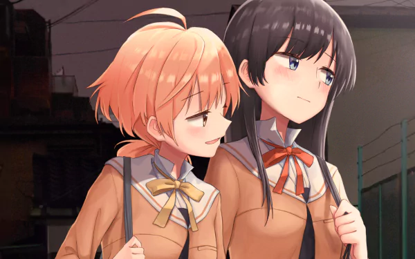 HD PC desktop wallpaper of Touko Nanami and Yuu Koito from the anime Bloom Into You, in school uniforms walking close together at dusk with a warm, intimate mood.