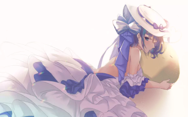Cheshire from Azur Lane, anime-style wallpaper: reclining girl in frilled white dress and bonnet with blue ribbons, soft pastel 2K Quad HD PC desktop background.