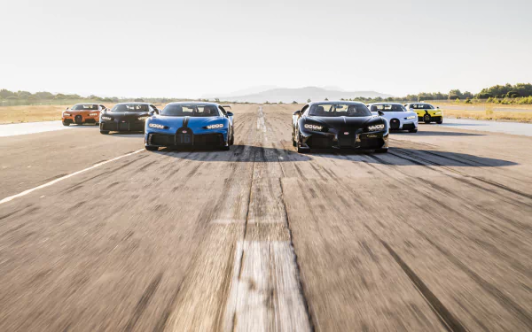 Eight Bugatti Chiron supercars line up on a runway, captured in stunning 8K Ultra HD for a dynamic PC desktop wallpaper and background.