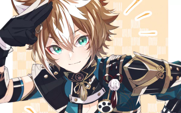 HD PC desktop wallpaper featuring Gorou from the video game Genshin Impact, showcasing his detailed outfit and bright green eyes in vibrant artwork.