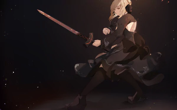 Saber Alter (Saber, Fate series) from Fate/Grand Order — dark-armored anime figure wielding a glowing sword on a starry 2K Quad HD PC desktop wallpaper background.