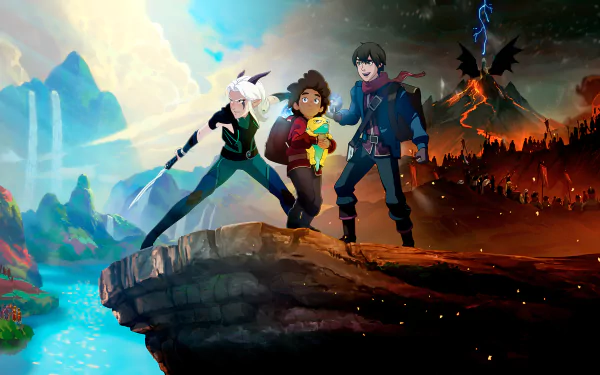 HD PC desktop wallpaper from the TV show The Dragon Prince: three heroes on a cliff between a bright waterfall-filled landscape and a dark, fiery volcanic battlefield beneath stormy skies.
