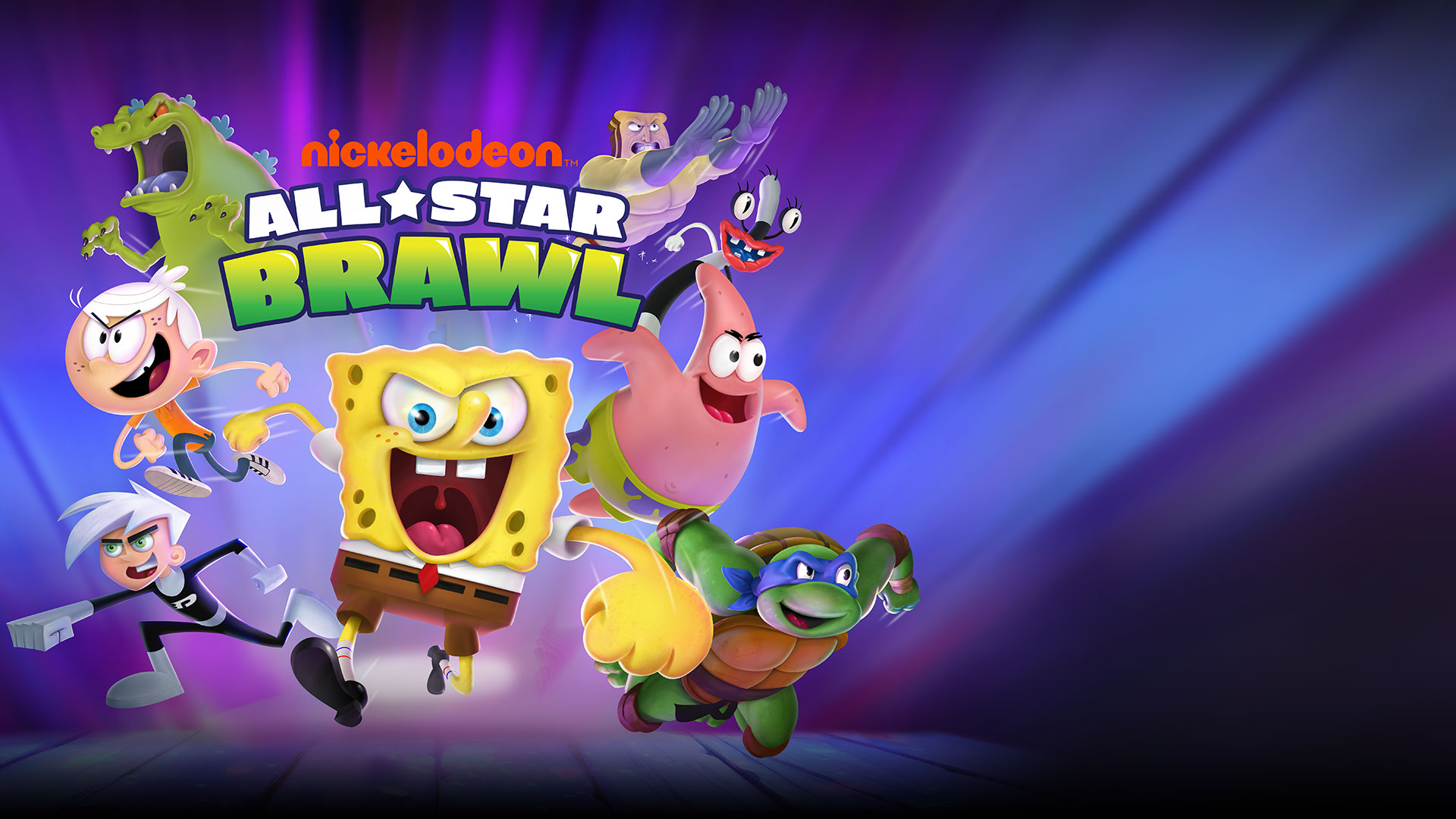 HD Wallpaper of Nickelodeon All-Star Brawl featuring animated characters SpongeBob, Patrick, and others with a vibrant background.