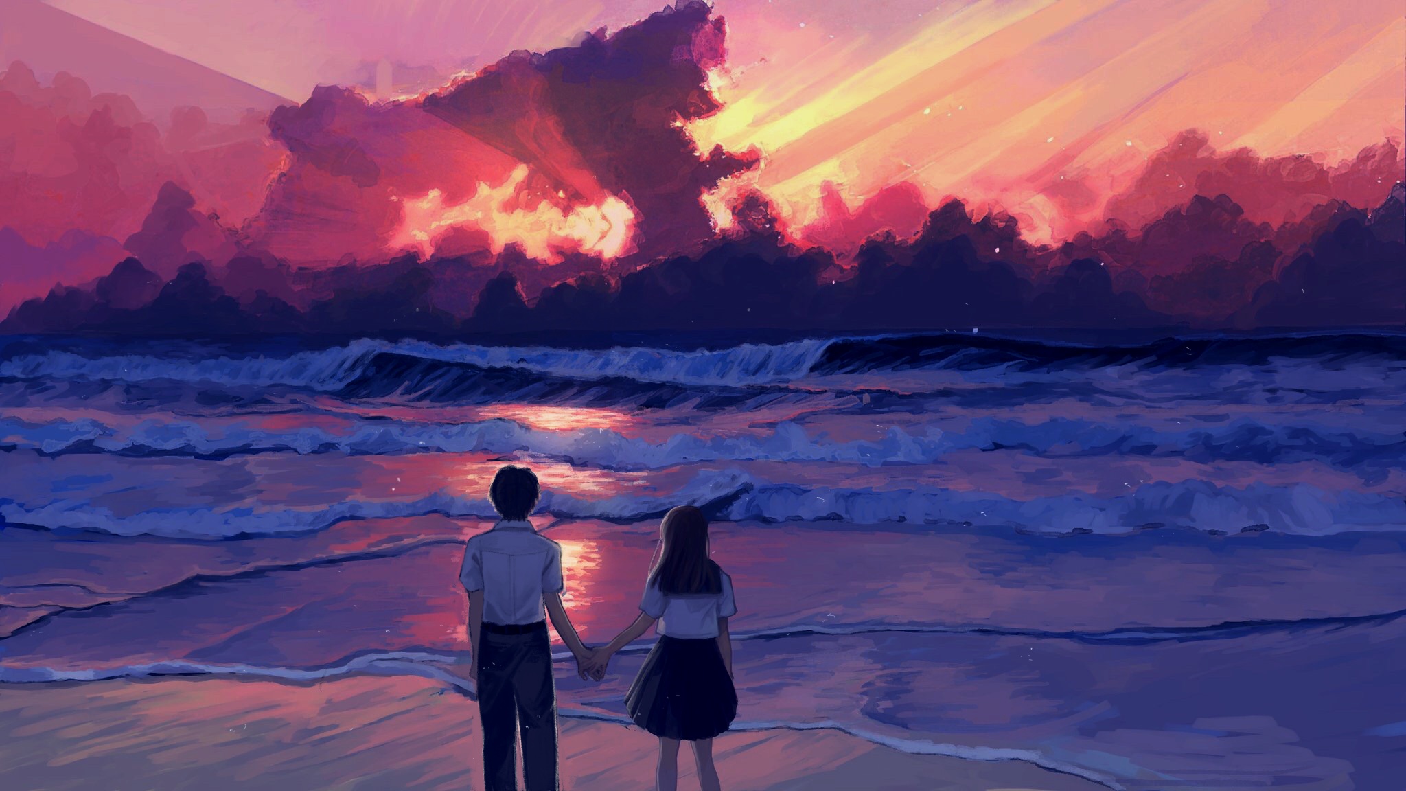 Download Ocean Sunrise Couple Anime Love HD Wallpaper