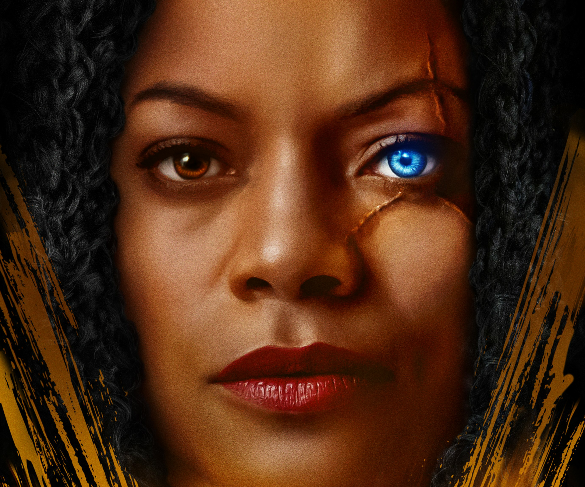 2K Quad HD desktop wallpaper: cinematic close-up of a woman with braided hair, one glowing blue eye and cracked skin, themed on the movie Venom: Let There Be Carnage.