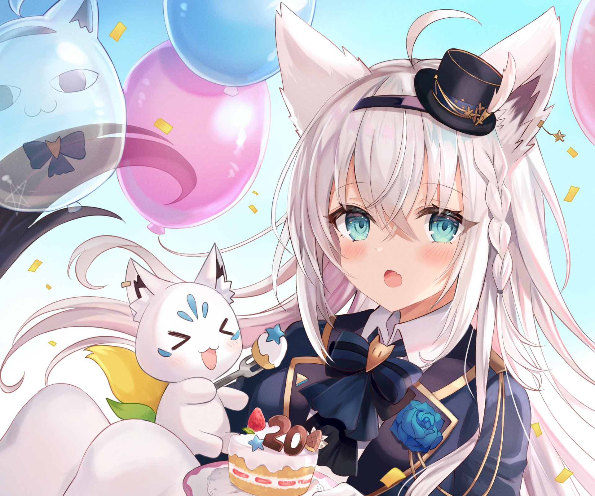 HD PC anime desktop wallpaper of hololive Virtual YouTuber Shirakami Fubuki with white hair, cat ears and teal eyes, smiling beside a chibi cat mascot and pastel balloons.