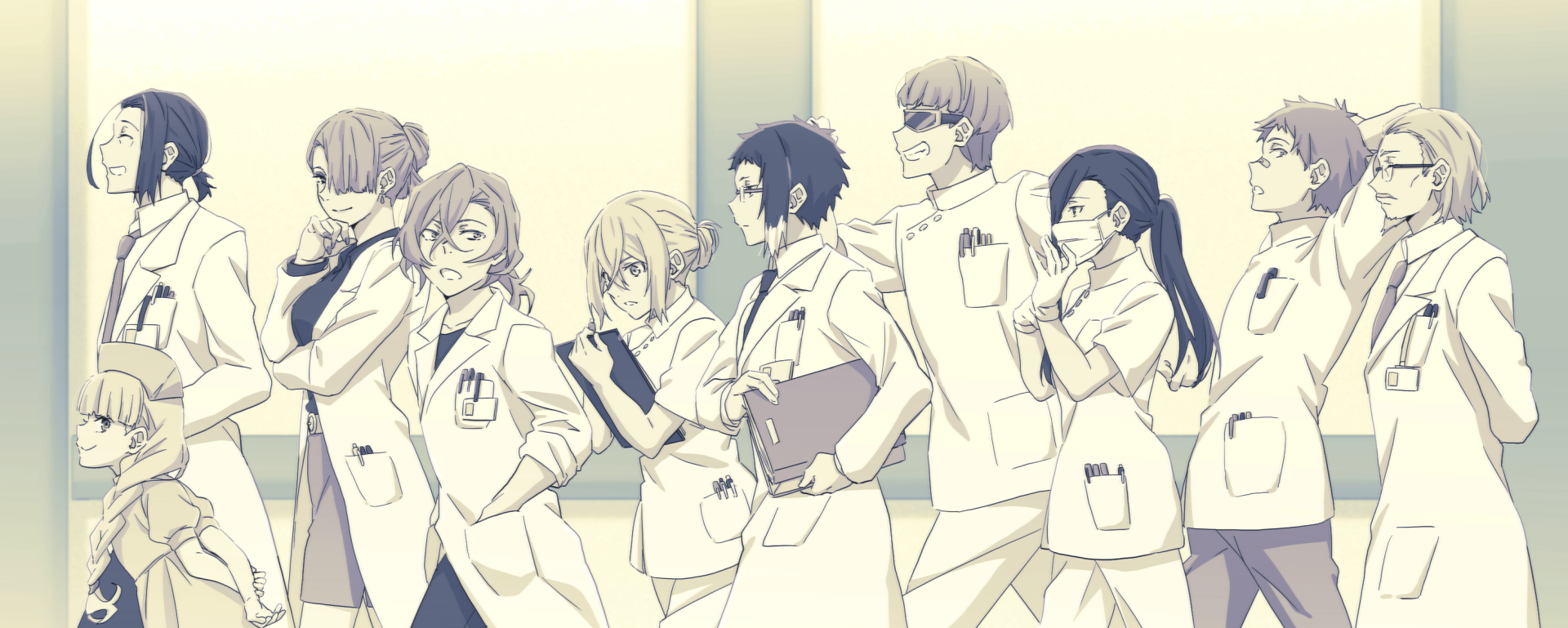 HD wallpaper of Bungou Stray Dogs characters Michizō Tachihara, Kōyō Ozaki, Chuya Nakahara, Ōgai Mori, Motojirō Kajii, Ryūrō Hirotsu, Ichiyō Higuchi, Elise, Ryūnosuke and Gin Akutagawa in lab coats.