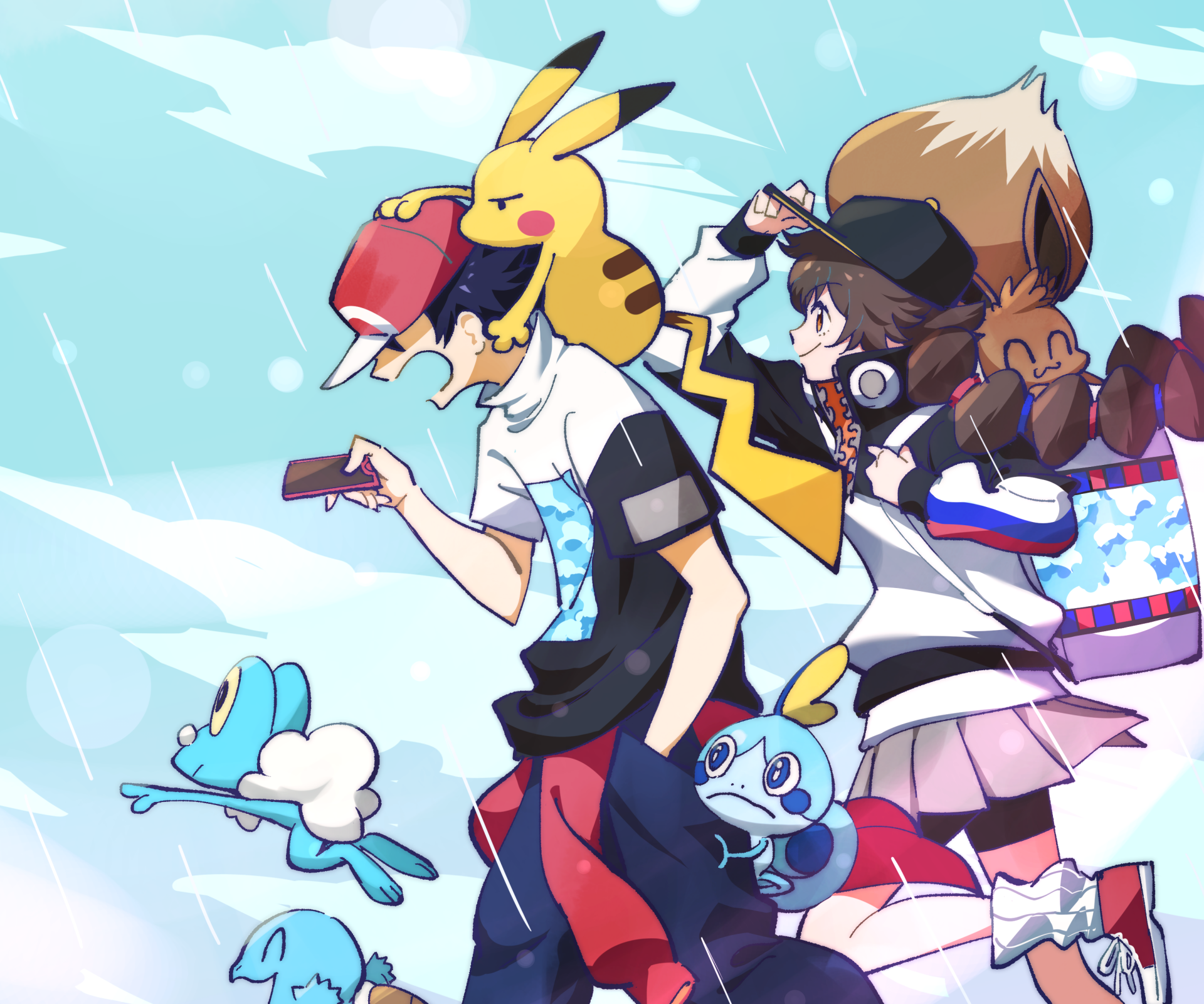 Anime-style 2K Quad HD PC desktop wallpaper of two trainers walking with Pikachu on a shoulder and Pokémon Squirtle, Sobble and Eevee trailing beneath a bright sky.