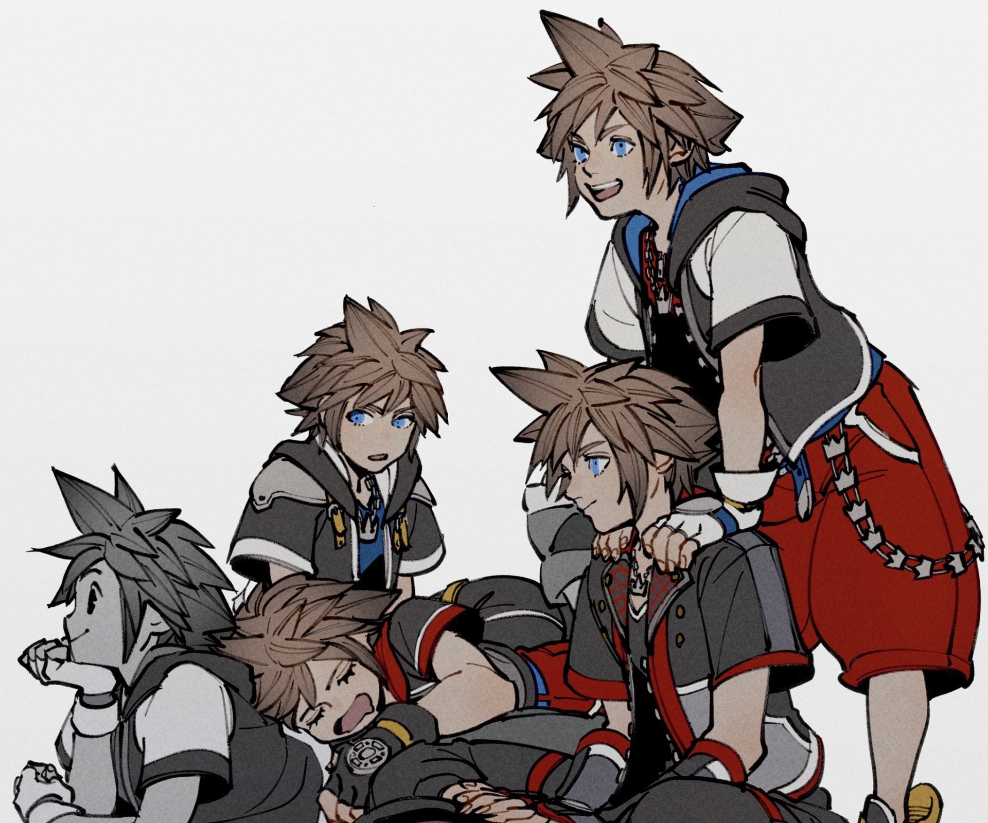 HD PC desktop wallpaper featuring multiple stylized illustrations of Sora from the Kingdom Hearts video game series against a light background.