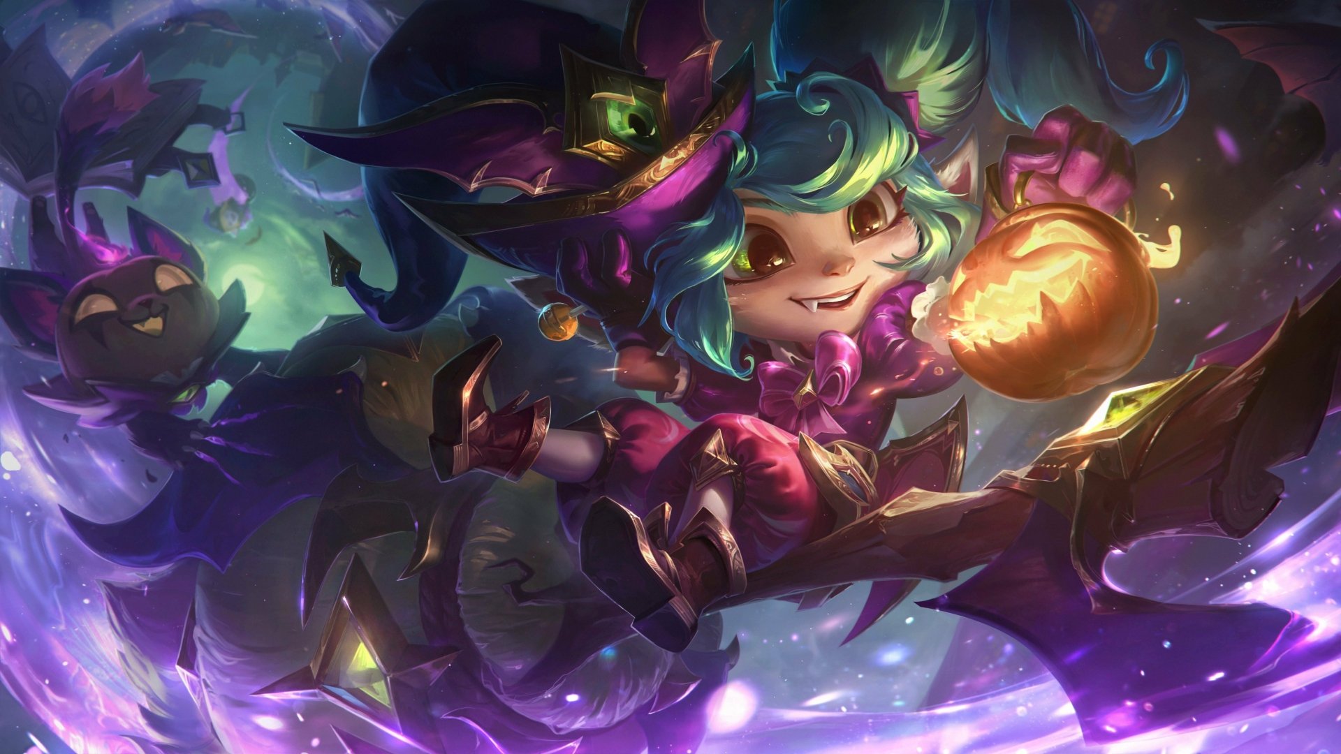 4K Ultra HD PC desktop wallpaper of Poppy (League of Legends): a teal‑haired yordle in a purple hat holding a glowing jack‑o'lantern amid vibrant video game fantasy art.