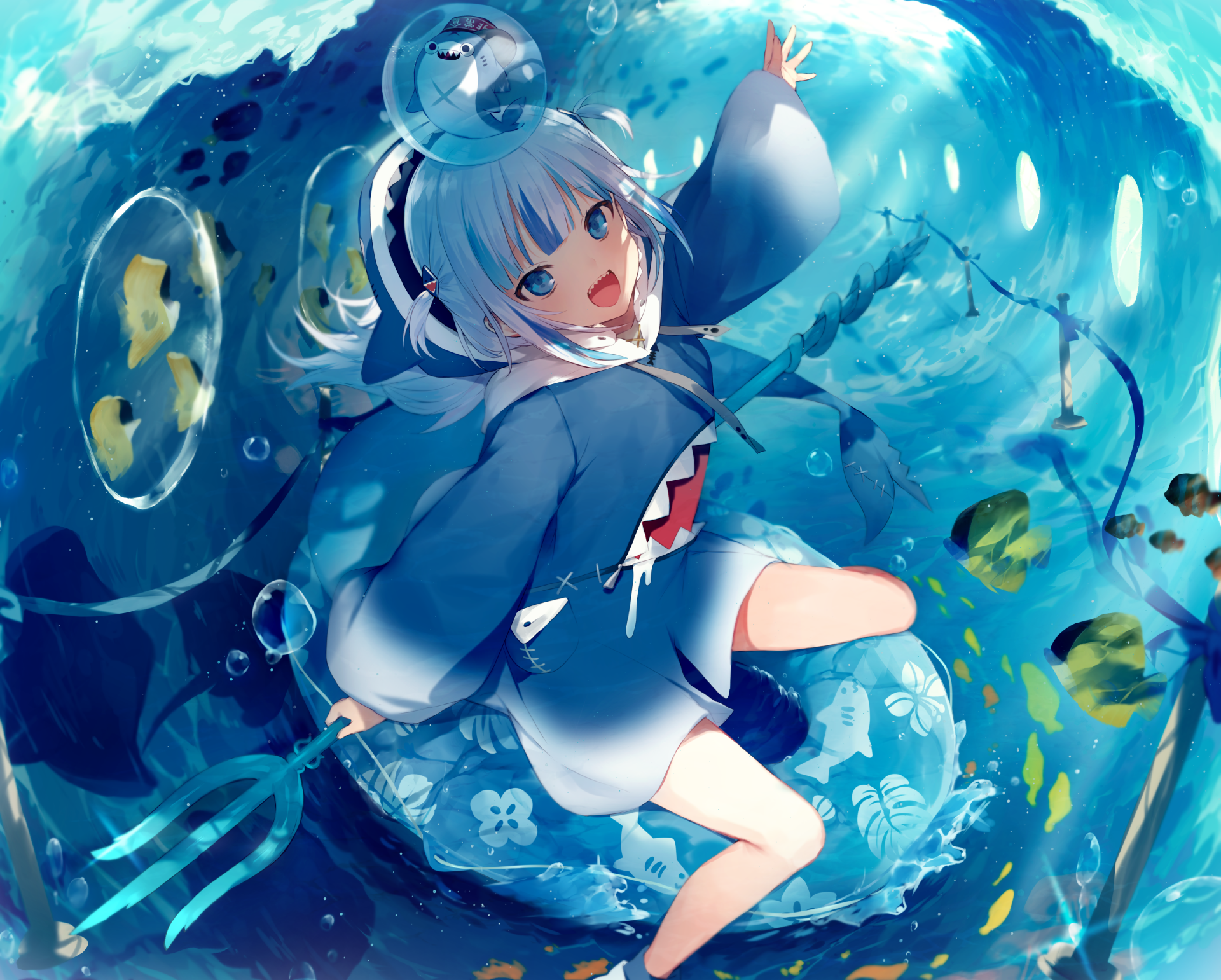 Gawr Gura, a Virtual YouTuber from hololive, depicted in vibrant 4K Ultra HD anime style underwater scene for PC desktop wallpaper and background.
