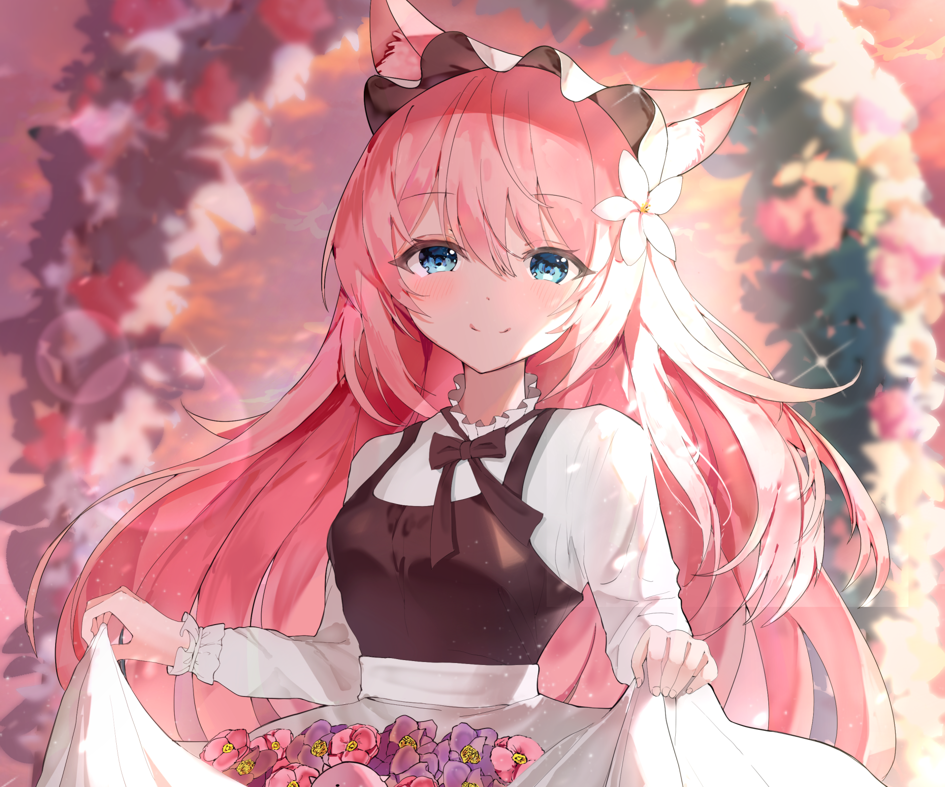 HD PC desktop wallpaper of an anime girl with long pink hair dressed as a maid, set against a soft, floral background.