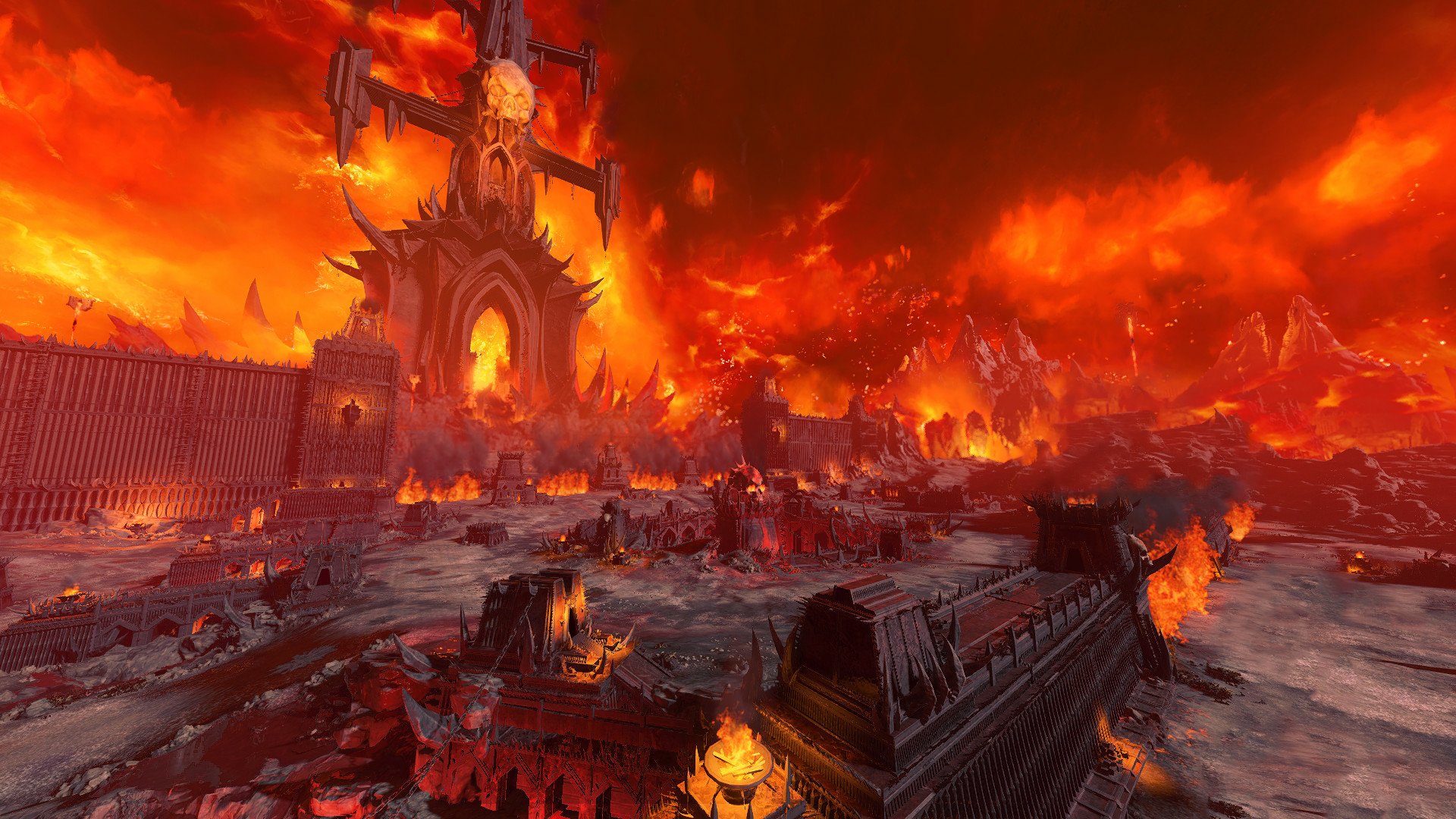 Epic fiery, war-torn fortress and lava-scarred battlefield from the video game Total War: Warhammer III — HD PC desktop wallpaper and background.