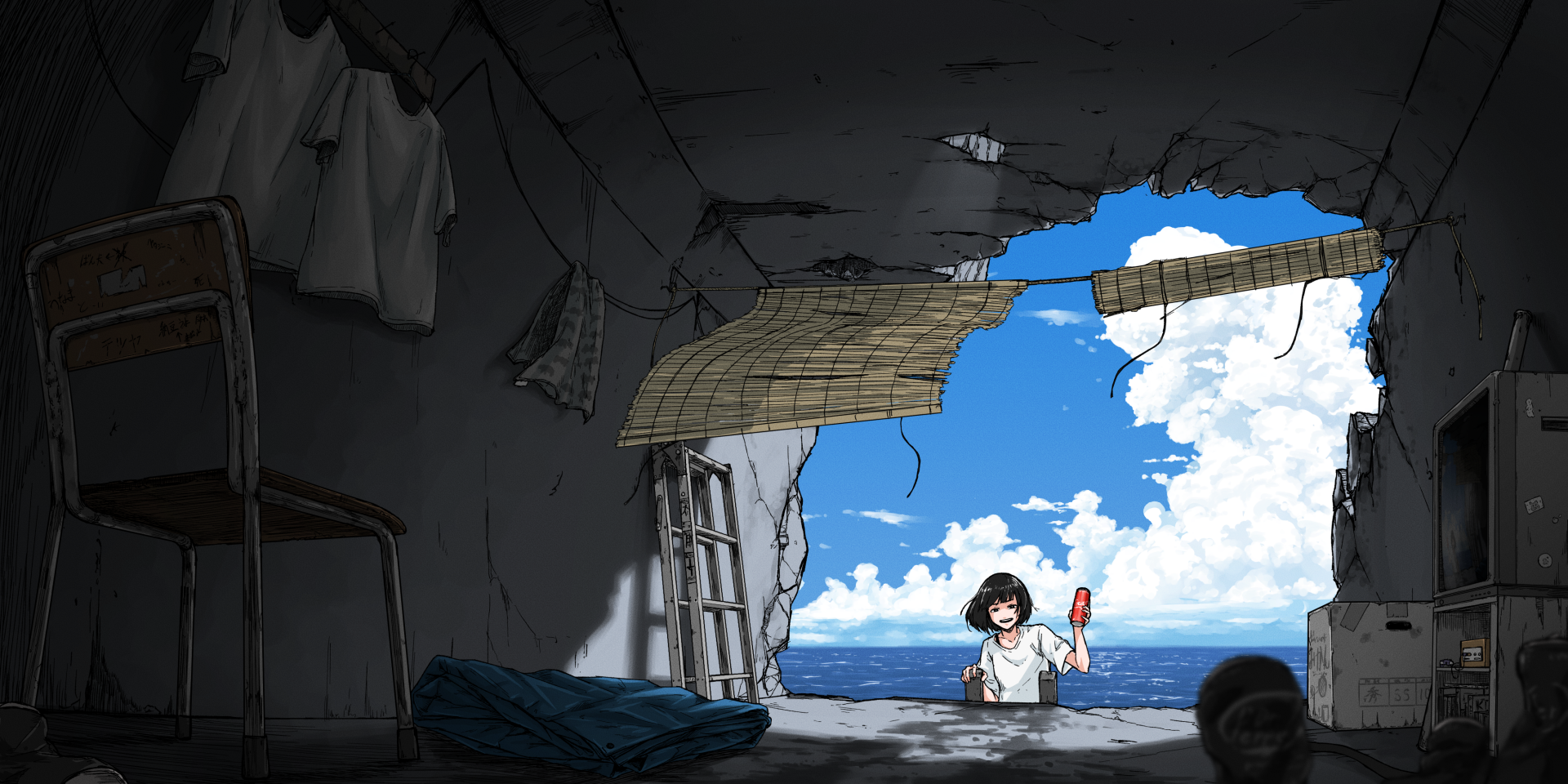 HD anime desktop wallpaper depicting a post-apocalyptic scene with a girl standing beneath a broken roof opening, revealing a bright blue sky and clouds outside.