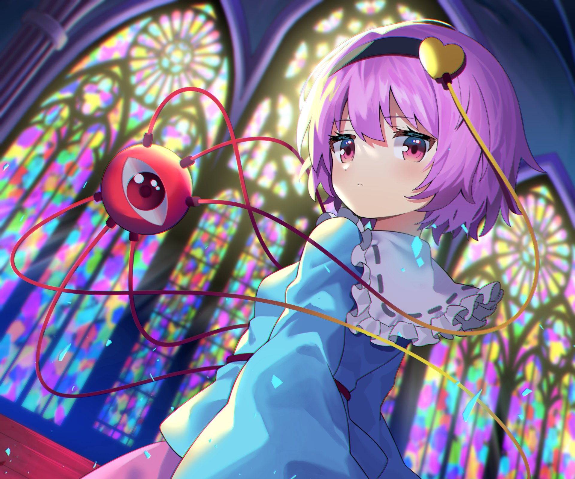 Satori Komeiji (Touhou) with a floating red eye orb beside her, framed by colorful stained-glass windows — vibrant 2K Quad HD PC desktop wallpaper/background.
