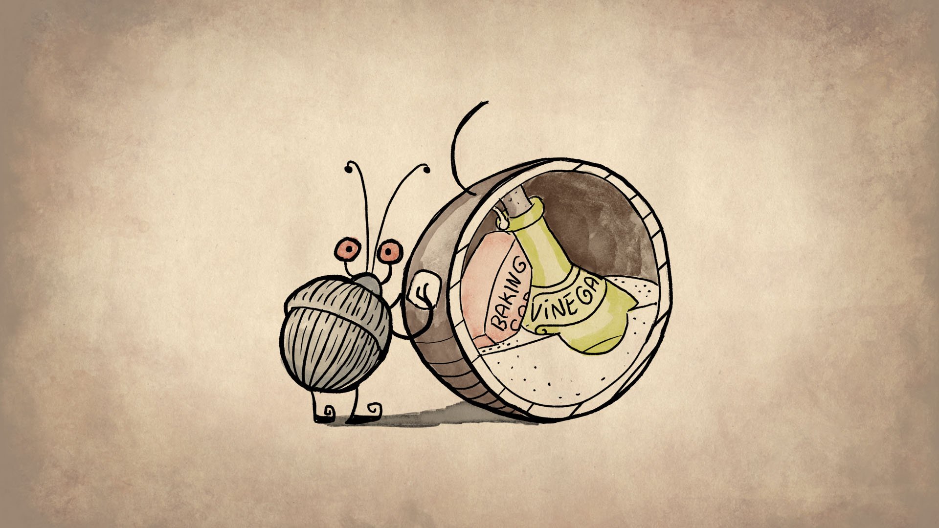 HD PC desktop wallpaper featuring a stylized video game-inspired jar labeled Broken Vines held by a quirky, cartoonish insect on a textured background.