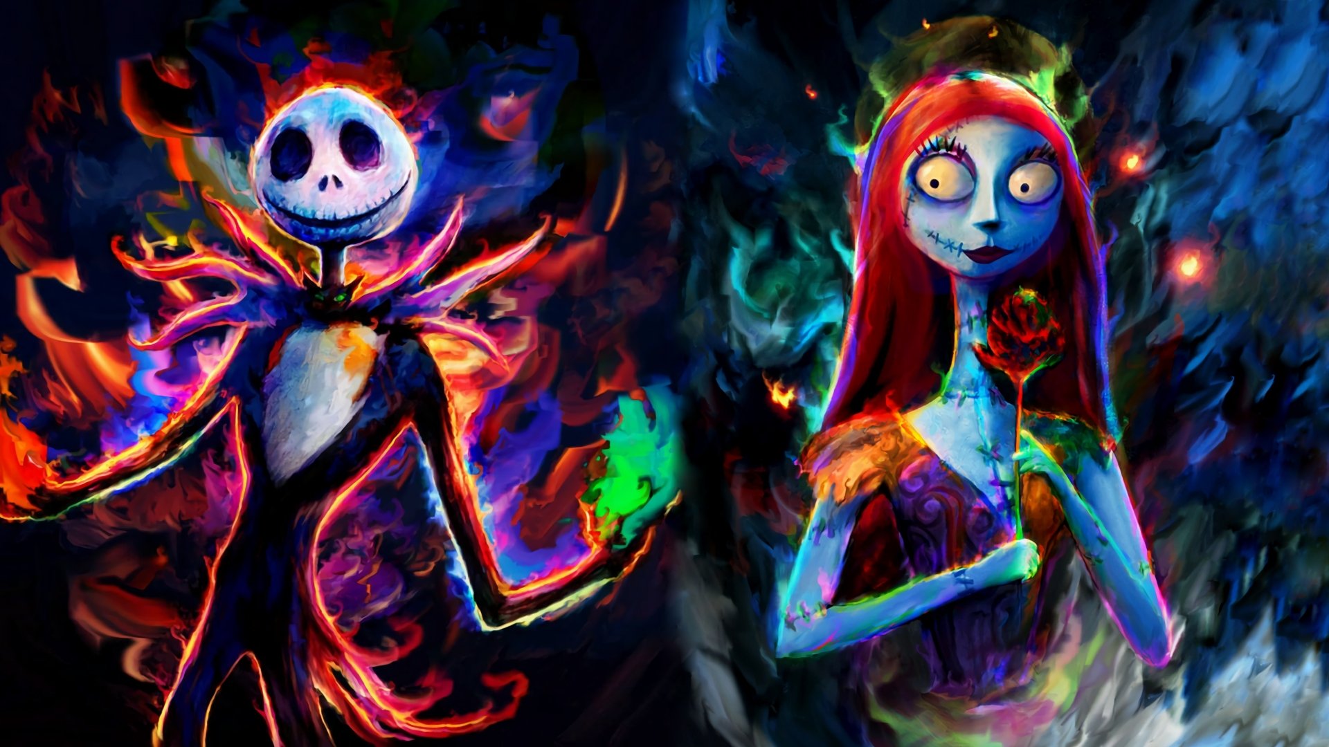 HD desktop wallpaper featuring Jack and Sally from The Nightmare Before Christmas, set against a vibrant Halloween-themed background with fiery and mystical elements.