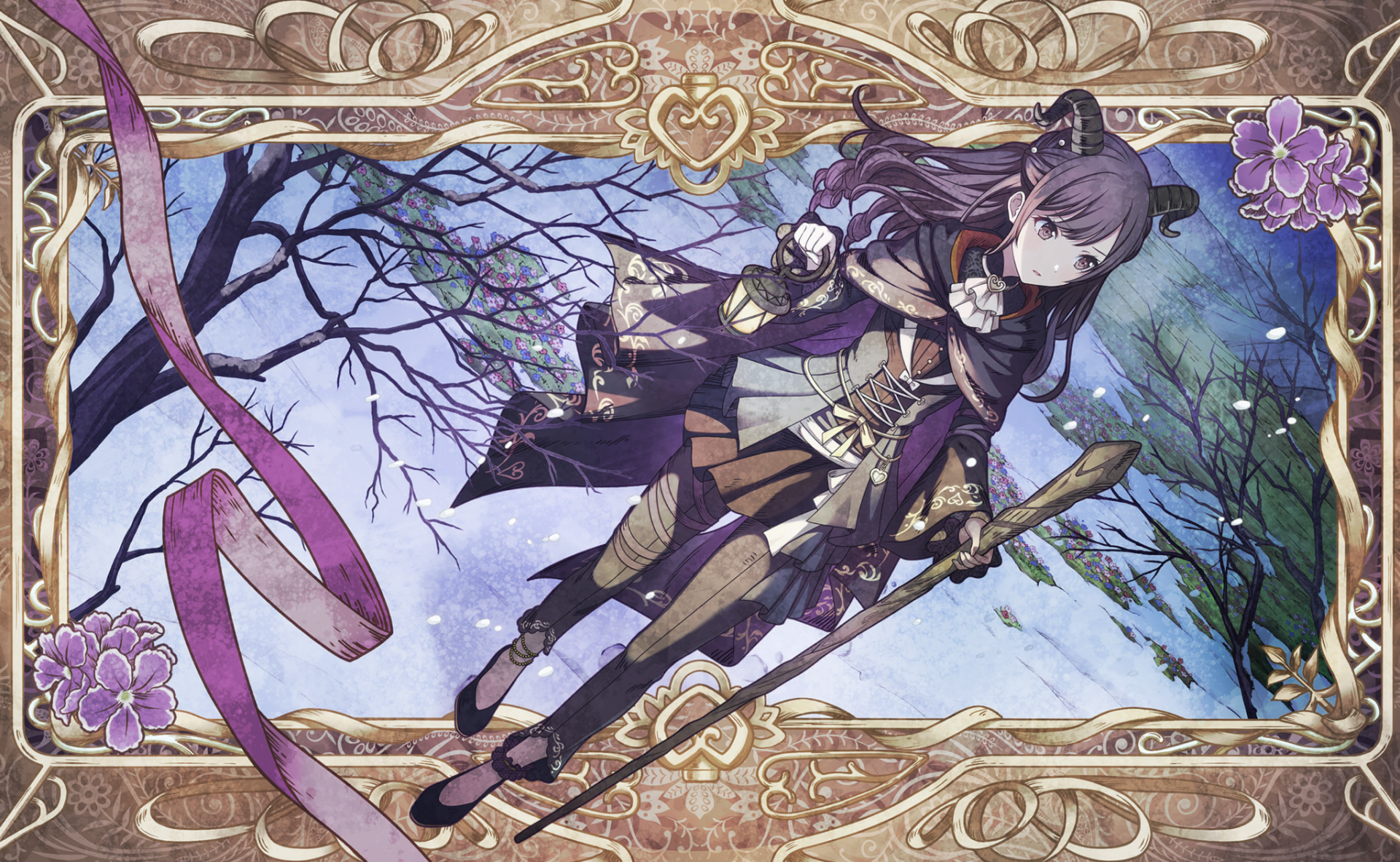 Ena Shinonome from Project Sekai: Colorful Stage! feat. Hatsune Miku — ornate fantasy outfit, holding a staff, floating before a snowy twilight forest with a gold decorative frame. HD desktop wallpaper.