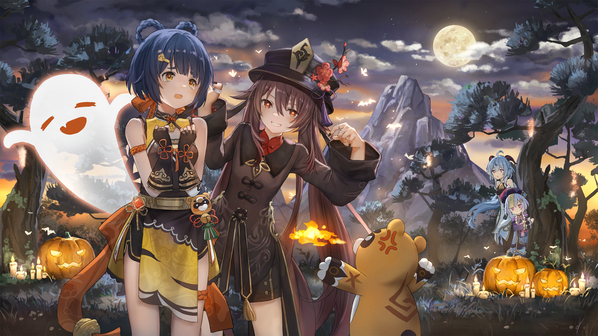 Download Halloween Qiqi (Genshin Impact) Guoba (Genshin Impact) Xiangling (Genshin Impact) Hu Tao Video Game Genshin Impact HD Wallpaper