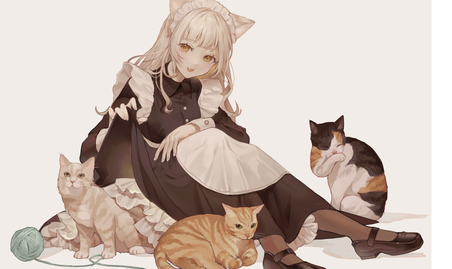 Anime girl dressed as a maid with cat ears, sitting on the floor surrounded by three cats and a ball of yarn, in an HD PC desktop wallpaper style.