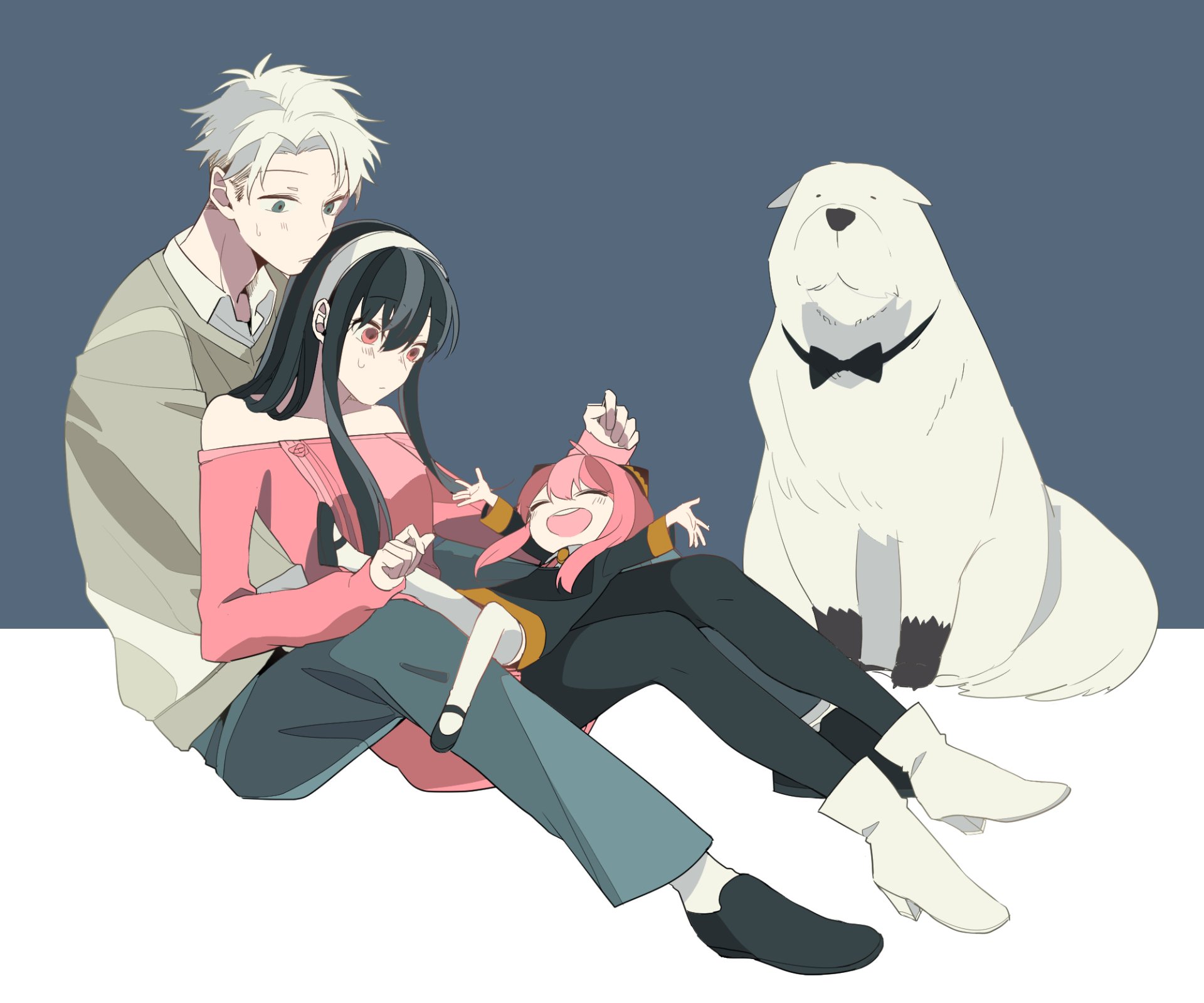 HD PC desktop wallpaper of Yor Forger, Loid Forger, Anya Forger, and Bond from the anime Spy x Family, featuring the family together in a relaxed pose.