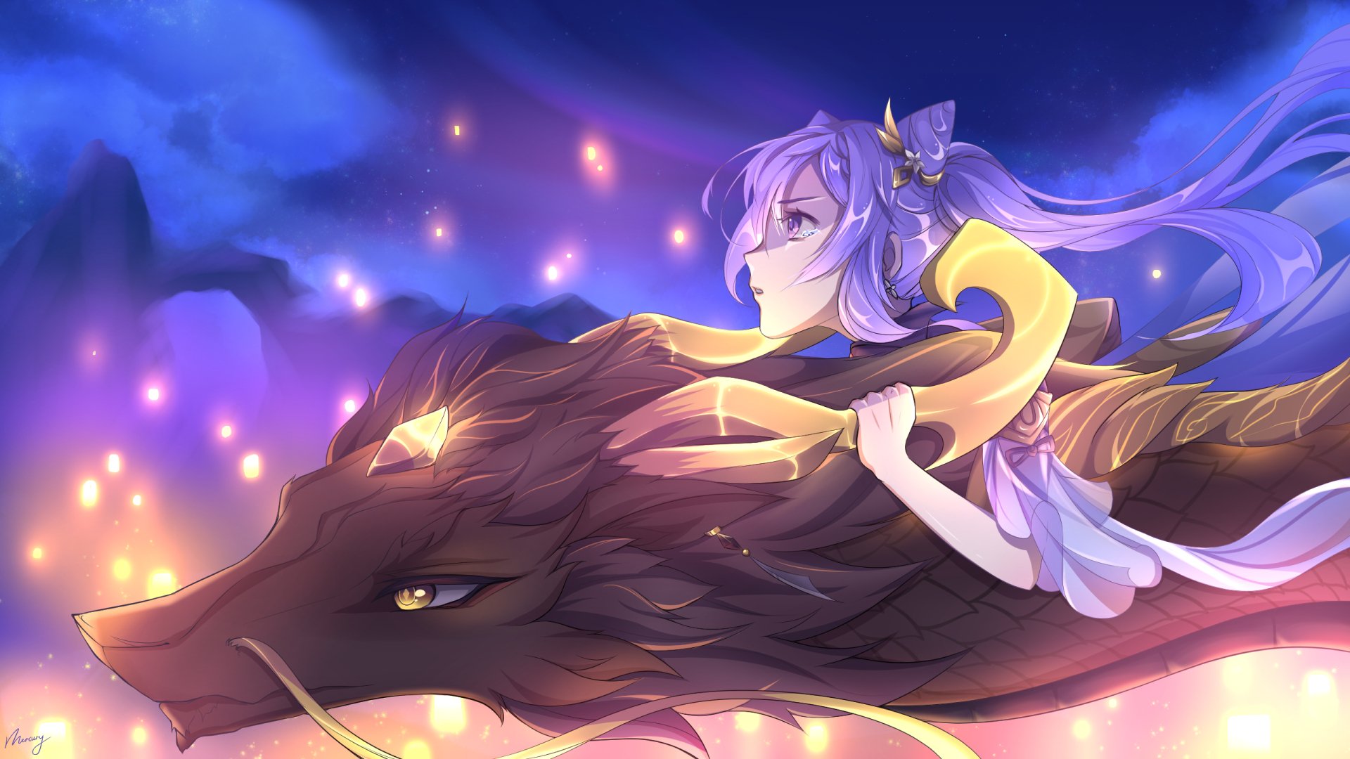 2K Quad HD PC wallpaper: Keqing (Genshin Impact) riding a glowing Rex Lapis beast across a purple sky, soft lantern lights drifting — video game desktop background.