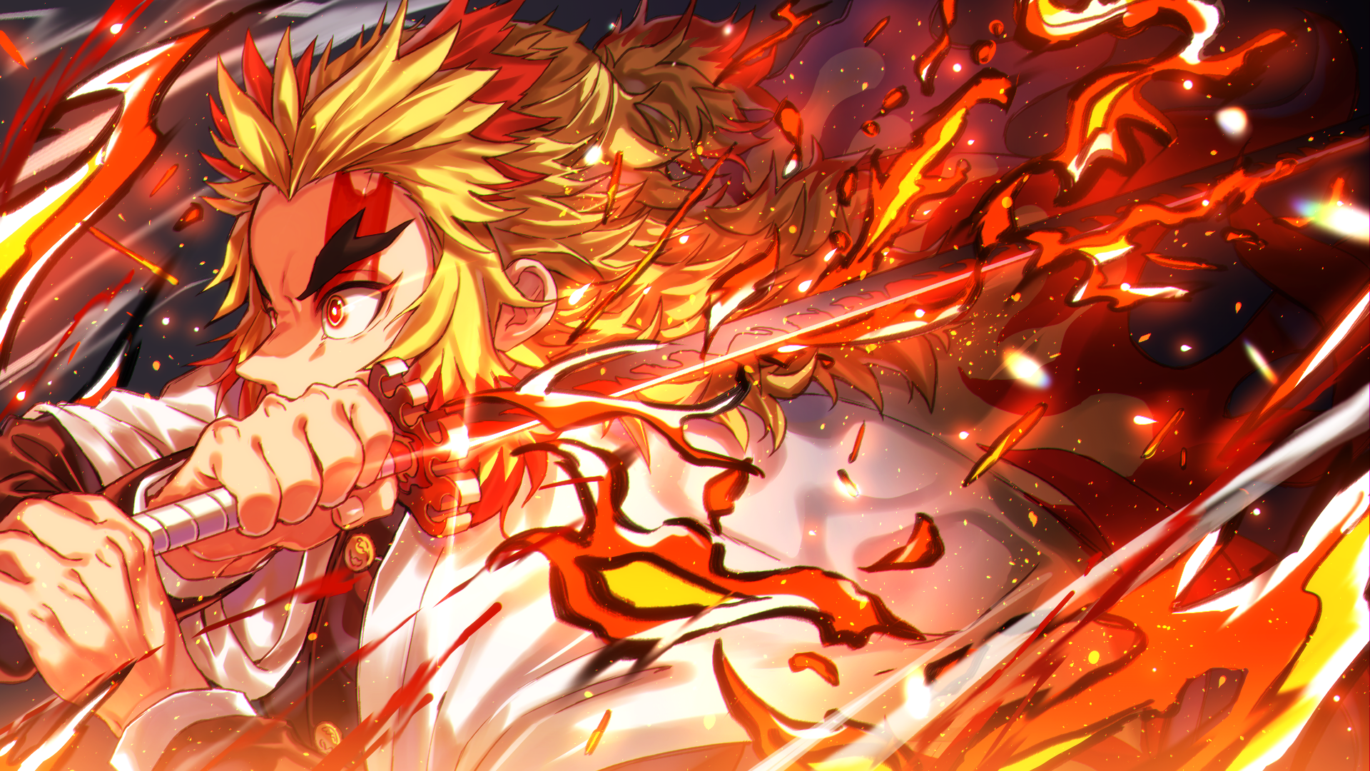 HD desktop wallpaper of Kyojuro Rengoku from the anime Demon Slayer: Kimetsu no Yaiba, depicting him in an action scene with fiery, dynamic effects.