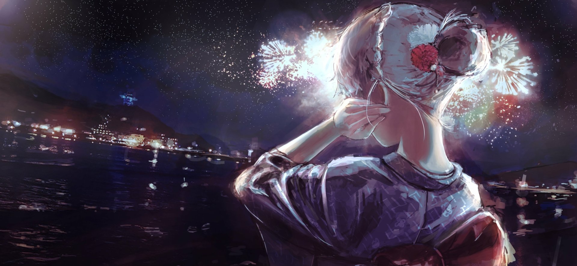 HD PC desktop wallpaper featuring Sodachi Oikura from Zoku Owarimonogatari, part of the Monogatari anime series, against a night cityscape with bright lights and a starry sky.