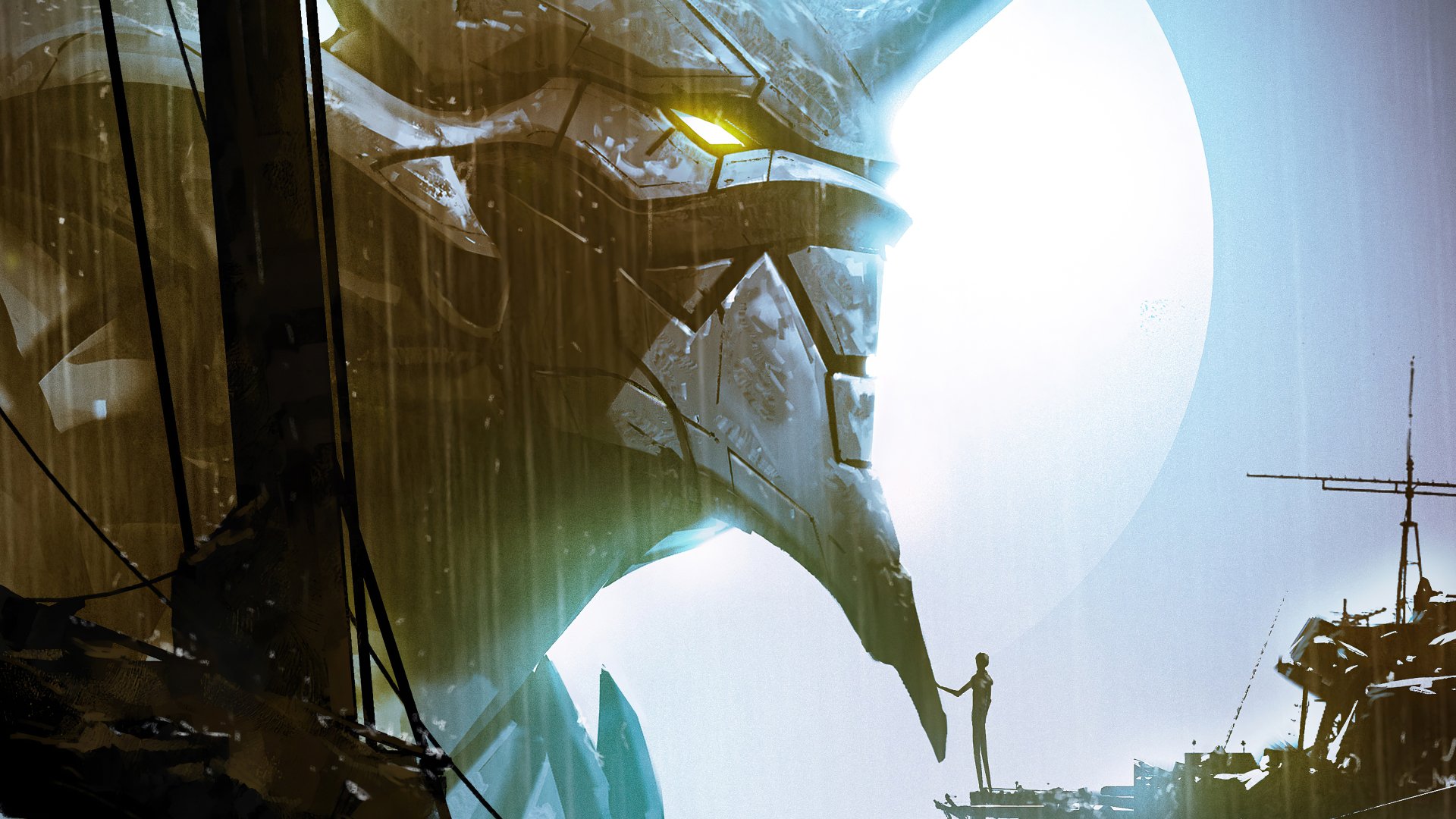 Evangelion Unit-01 from Neon Genesis Evangelion stands towering, silhouetted against a bright moonlit background in this detailed 4K Ultra HD anime desktop wallpaper.