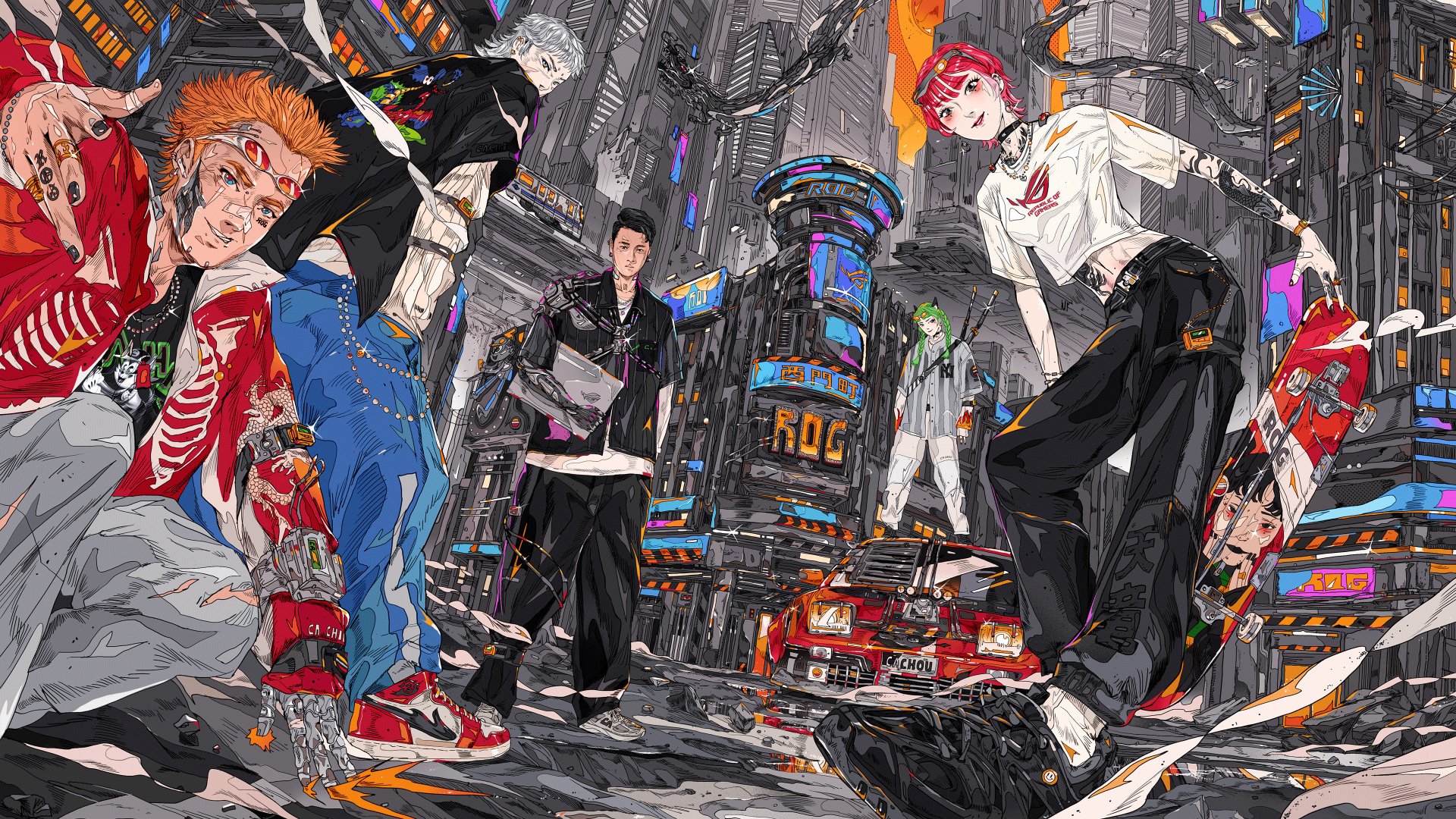 Futuristic urban scene with dynamic characters in a cyberpunk setting, featuring vibrant colors and detailed elements, rendered as a 4K Ultra HD Asus ROG technology wallpaper.