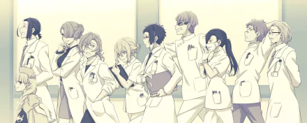 HD wallpaper of Bungou Stray Dogs characters Michizō Tachihara, Kōyō Ozaki, Chuya Nakahara, Ōgai Mori, Motojirō Kajii, Ryūrō Hirotsu, Ichiyō Higuchi, Elise, Ryūnosuke and Gin Akutagawa in lab coats.