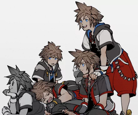 HD PC desktop wallpaper featuring multiple stylized illustrations of Sora from the Kingdom Hearts video game series against a light background.