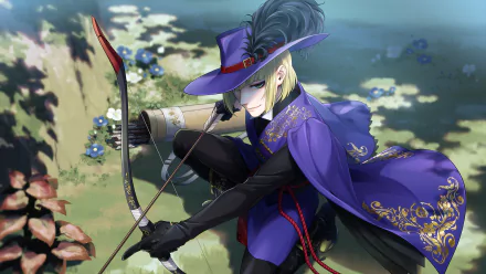 Rook Hunt, video game character from Twisted Wonderland, in an HD PC desktop wallpaper/background: crouched archer in purple hat and cloak aiming a bow over dappled water and foliage.