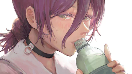 Reze (Chainsaw Man) anime close-up drinking from a bottle, purple hair and choker, soft painterly lighting — 4K Ultra HD PC Desktop Wallpaper and Background.