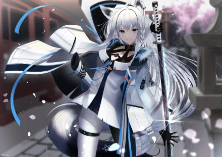 4K Ultra HD anime wallpaper of Shirakami Fubuki, a Virtual YouTuber from Hololive, featuring dynamic pose and futuristic design elements.