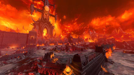 Epic fiery, war-torn fortress and lava-scarred battlefield from the video game Total War: Warhammer III — HD PC desktop wallpaper and background.