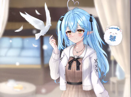 2K Quad HD PC wallpaper: hololive VTuber Yukihana Lamy — blue twin‑tailed anime girl in a cardigan and dress, indoors with a white dove and drifting feathers, soft warm lighting.