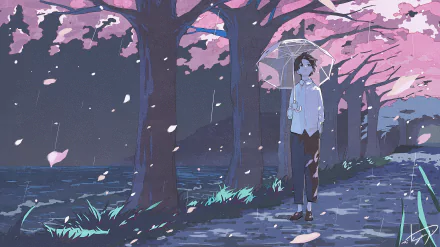 Anime boy holding an umbrella walks along a tree-lined path with pink blossoms falling, captured in a vibrant HD PC desktop wallpaper background.