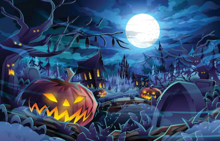 HD Halloween desktop wallpaper featuring glowing jack-o'-lanterns, a spooky graveyard, twisted trees, and a full moon illuminating the eerie holiday scene.