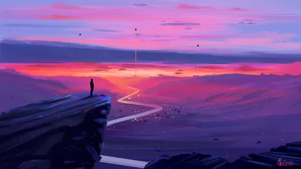Sci-fi landscape 4K Ultra HD PC desktop wallpaper: a lone figure on a cliff watches a glowing ribbon river wind through purple-pink alien valleys beneath a luminous, otherworldly sky.
