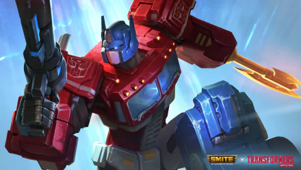 HD desktop wallpaper featuring Optimus Prime from Transformers and Geb (Smite). This dynamic image highlights their crossover in the video game Smite, showcasing powerful and vibrant visuals.