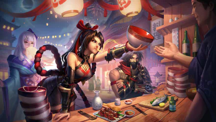 4K PC wallpaper of Kagura, Hayabusa and Hanabi (Mobile Legends: Bang Bang) sharing drinks and street food beneath lanterns at a lively festival stall.